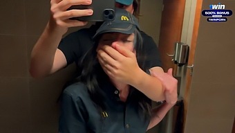 Daring Public Encounter In A Restroom: Eva Soda And Mcdonald'S Employee Engage In Spontaneous Sexual Activity Due To Spilled Beverage